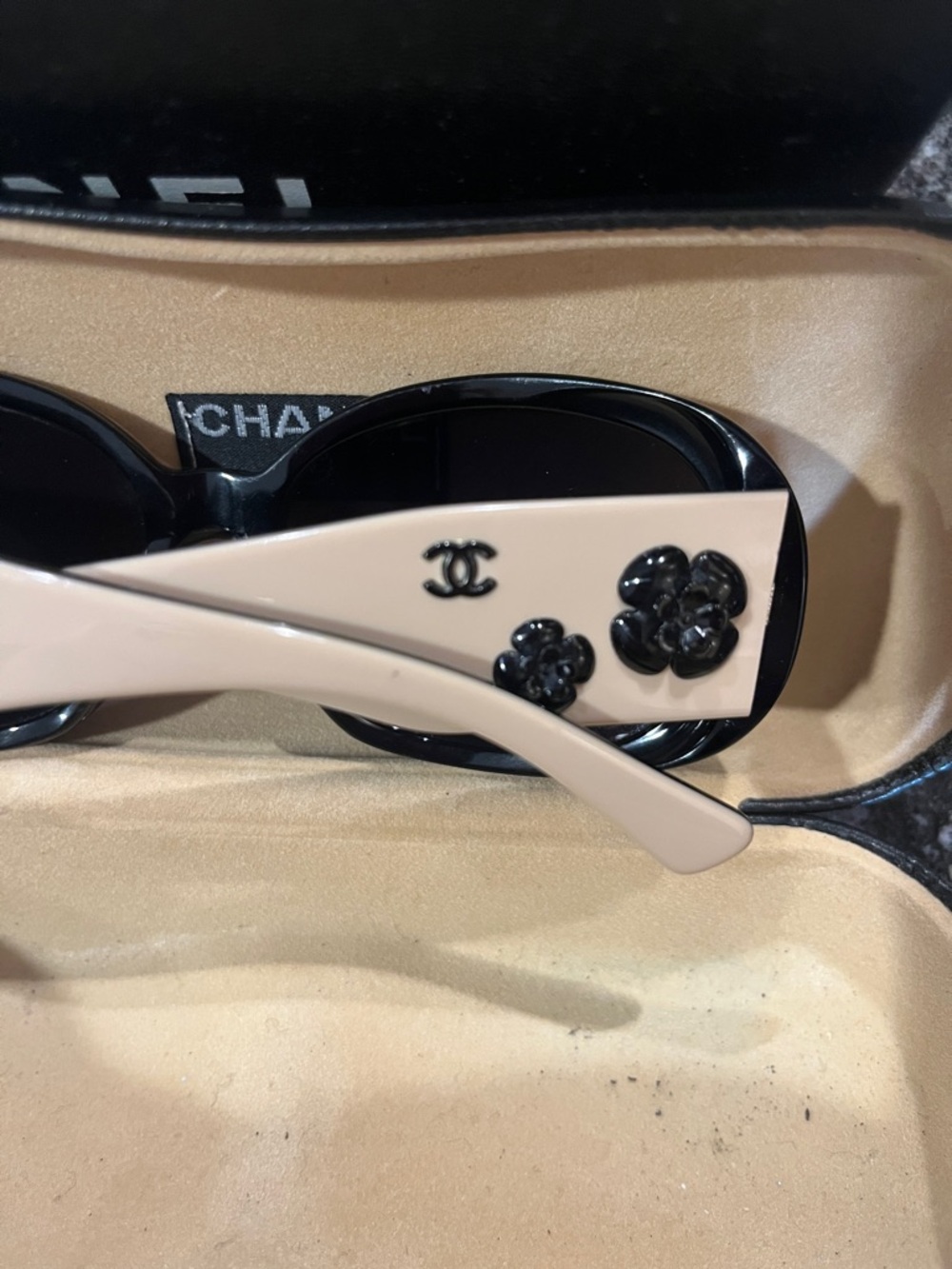 CHANEL Black & Beige Camellia Temple Sunglasses